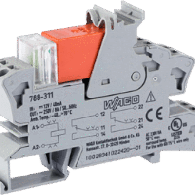 Módulo Relé / 12V DC / 8A / 2 Inversores / LED Rojo / Push-in CAGE CLAMP® / Montaje Carril DIN / IP20 / Gris