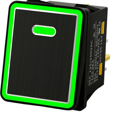 Interruptor tipo Switch con Led Color Verde / IP65 / Diseño Industrial con panel de Aluminio / NO, COM, NC / Terminales tipo F1