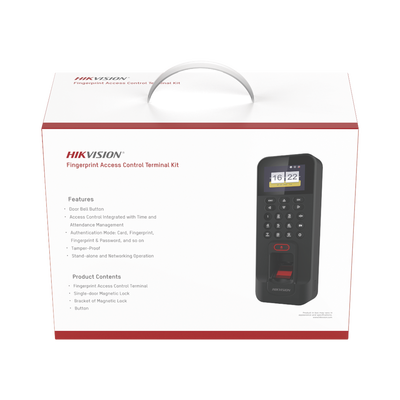 Kit de Control de Acceso TODO INCLUIDO con Lector de Huellas y Tarjetas / 3,000 Huellas / Compatible con App Hik-Connect / Incluye Electroimán Botón de Salida y Montajes Z y L para imán (DS-K1T804)