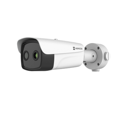 Cámara Bullet Dual Térmica y Óptica/ 256×192 Térmico + 5MP Óptico / IA para Detección Humana y Vehicular / Medición Temperatura -20°C a 150°C / Detección Fuego y Fumadores / IP67