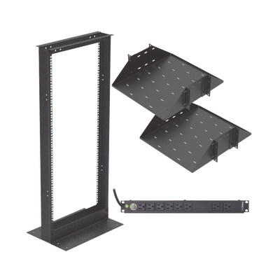 Kit de Rack Estándar 19″, 24 UR con 2 Charolas  y PDU (8 tomas). Ideal para UPS y Servidores tipo Torre.