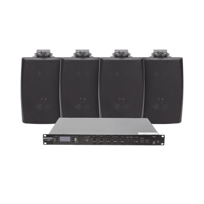 KIT de Amplificador de Audio 120W para Rack | 4 Altavoces de Pared color Negro 2.5W – 20W | Sistema 70/100V