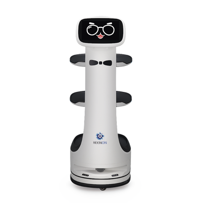 Robot de Entrega Dinerbot T8 / Compacto 38.4×46.8×111.1 cm (15.1×18.4×43.7 in) / Velocidad 1.0 m/s / Pantalla Táctil 10.1″ / 3 Capas / Capacidad 20 kg (44 lbs) / Batería 15-18 Horas