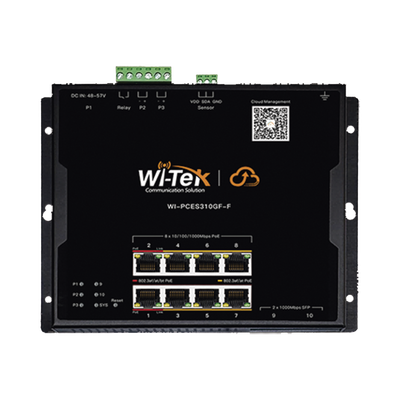 Switch L2 PoE Industrial / Administración Cloud Gratuita / 8 Puertos PoE af/at/bt 10/100/1000 Mbps / 2 Puertos SFP Gigabit / Máx Presupuesto PoE 145 W / Montaje Magnético – Riel DIN.